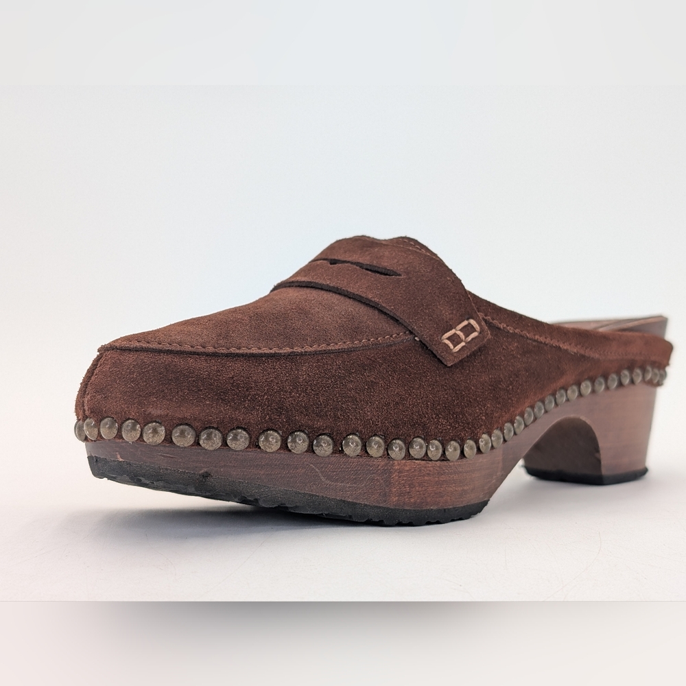 Michael Kors Women Sz 8 Studded Italian-Made Brown Suede Leather Clog Wood-Soles - Picture 5 of 17